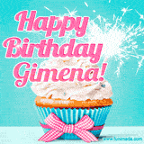 A festive cupcake with pink icing, a gingham bow, and a lit animated sparkler, paired with 'Happy Birthday Gimena!' in bright pink text.