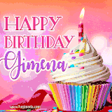 A vibrant birthday GIF featuring a rainbow-colored cupcake topped with white frosting, sprinkles, and a lit candle. The text reads 'Happy Birthday Gimena' in bold pink and violet letters with white outline.