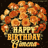 Animated bouquet of orange roses with moving butterfles and golden 'Happy Birthday Gimena' text, surrounded by sparkling accents and a dark backdrop for a luxurious feel.