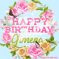 A charming animated GIF featuring 'Happy Birthday Gimena' in pink and green text, surrounded by delicate roses, leaves, and fluttering butterflies on a soft light blue pastel background.