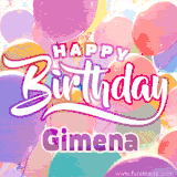 A vibrant name GIF featuring colorful balloons in shades of pink, orange, and yellow with the bold text 'Happy Birthday Gimena' in festive fonts, creating a lively birthday vibe.
