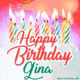 Bright birthday candles with rainbow flames on a cake, alongside the text 'Happy Birthday Gina' in vibrant script in this celebratory animated GIF.