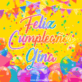 A bright and festive GIF with the text 'Feliz Cumpleaños Gina' in Spanish in colorful fonts, surrounded by confetti, balloons, and festive banners on a vibrant yellow background.