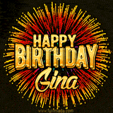 Golden 'Happy Birthday Gina' text accompanied by animated rainbow fireworks for a festive animated greeting.