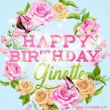 A charming animated GIF featuring 'Happy Birthday Ginette' in pink and green text, surrounded by delicate roses, leaves, and fluttering butterflies on a soft light blue pastel background.