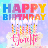A vibrant animated name GIF with the words 'Happy Birthday Ginette' with colorful candles on a creamy cake. The background sparkles with pastel shades, adding a festive touch.