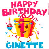 A vibrant and funny gift box character with a happy face dancing with a cupcake and the text 'Happy Birthday Ginette,' surrounded by animated confetti and party vibes.