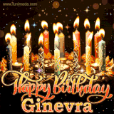A glowing personalized birthday GIF with name Ginevra featuring lit candles with intricate designs, warm lighting, and the text 'Happy Birthday' in an elegant font.