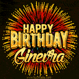 Golden 'Happy Birthday Ginevra' text accompanied by animated rainbow fireworks for a festive animated greeting.