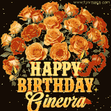 Animated bouquet of orange roses with moving butterfles and golden 'Happy Birthday Ginevra' text, surrounded by sparkling accents and a dark backdrop for a luxurious feel.