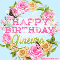 A charming animated GIF featuring 'Happy Birthday Ginevra' in pink and green text, surrounded by delicate roses, leaves, and fluttering butterflies on a soft light blue pastel background.
