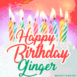 Bright birthday candles with rainbow flames on a cake, alongside the text 'Happy Birthday Ginger' in vibrant script in this celebratory animated GIF.
