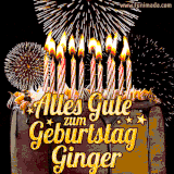 A chocolate birthday cake with glowing candles, the German text 'Alles Gute zum Geburtstag Ginger,' and vibrant fireworks lighting up the background in an animated GIF.