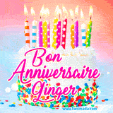 A white birthday cake covered in colorful sprinkles, topped with bright candles, and French text 'Bon Anniversaire Ginger' on a pastel gradient background in an animated GIF.