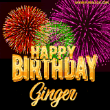 A golden 'Happy Birthday Ginger' message with vibrant fireworks in the background, creating a festive and celebratory vibe in this animated name GIF.