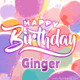 A vibrant name GIF featuring colorful balloons in shades of pink, orange, and yellow with the bold text 'Happy Birthday Ginger' in festive fonts, creating a lively birthday vibe.