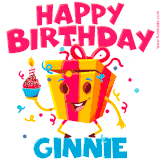 A vibrant and funny gift box character with a happy face dancing with a cupcake and the text 'Happy Birthday Ginnie,' surrounded by animated confetti and party vibes.