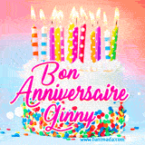 A white birthday cake covered in colorful sprinkles, topped with bright candles, and French text 'Bon Anniversaire Ginny' on a pastel gradient background in an animated GIF.