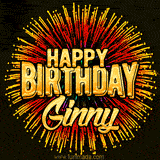 Golden 'Happy Birthday Ginny' text accompanied by animated rainbow fireworks for a festive animated greeting.