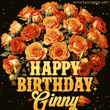 Animated bouquet of orange roses with moving butterfles and golden 'Happy Birthday Ginny' text, surrounded by sparkling accents and a dark backdrop for a luxurious feel.
