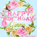 A charming animated GIF featuring 'Happy Birthday Ginny' in pink and green text, surrounded by delicate roses, leaves, and fluttering butterflies on a soft light blue pastel background.