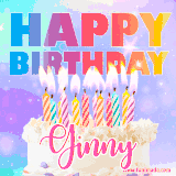 A vibrant animated name GIF with the words 'Happy Birthday Ginny' with colorful candles on a creamy cake. The background sparkles with pastel shades, adding a festive touch.
