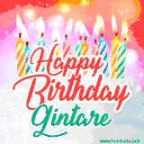Bright birthday candles with rainbow flames on a cake, alongside the text 'Happy Birthday Gintare' in vibrant script in this celebratory animated GIF.