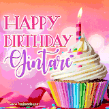 A vibrant birthday GIF featuring a rainbow-colored cupcake topped with white frosting, sprinkles, and a lit candle. The text reads 'Happy Birthday Gintare' in bold pink and violet letters with white outline.