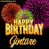 A golden 'Happy Birthday Gintare' message with vibrant fireworks in the background, creating a festive and celebratory vibe in this animated name GIF.