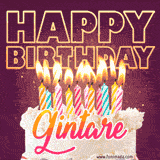 A colorful birthday cake topped with lit candles, with the words 'Happy Birthday Gintare' in bold glowing letters on a burgundy background. Animated flames add a festive touch.