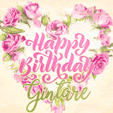 A stunning heart made of pink roses surrounds the elegant script text 'Happy Birthday Gintare' on a soft beige background. Animated sparkles add a magical and festive feel.