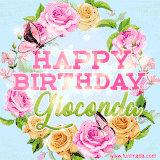 A charming animated GIF featuring 'Happy Birthday Gioconda' in pink and green text, surrounded by delicate roses, leaves, and fluttering butterflies on a soft light blue pastel background.