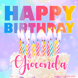 A vibrant animated name GIF with the words 'Happy Birthday Gioconda' with colorful candles on a creamy cake. The background sparkles with pastel shades, adding a festive touch.