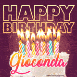 A colorful birthday cake topped with lit candles, with the words 'Happy Birthday Gioconda' in bold glowing letters on a burgundy background. Animated flames add a festive touch.