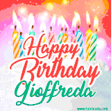 Bright birthday candles with rainbow flames on a cake, alongside the text 'Happy Birthday Gioffreda' in vibrant script in this celebratory animated GIF.