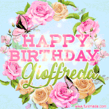 A charming animated GIF featuring 'Happy Birthday Gioffreda' in pink and green text, surrounded by delicate roses, leaves, and fluttering butterflies on a soft light blue pastel background.