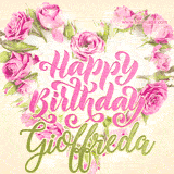 A stunning heart made of pink roses surrounds the elegant script text 'Happy Birthday Gioffreda' on a soft beige background. Animated sparkles add a magical and festive feel.