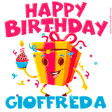A vibrant and funny gift box character with a happy face dancing with a cupcake and the text 'Happy Birthday Gioffreda,' surrounded by animated confetti and party vibes.