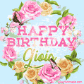 A charming animated GIF featuring 'Happy Birthday Gioia' in pink and green text, surrounded by delicate roses, leaves, and fluttering butterflies on a soft light blue pastel background.