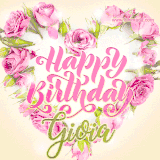 A stunning heart made of pink roses surrounds the elegant script text 'Happy Birthday Gioia' on a soft beige background. Animated sparkles add a magical and festive feel.