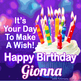 A colorful birthday GIF for Gionna featuring a cupcake with vibrant lit candles and the text 'It's Your Day to Make a Wish! Happy Birthday Gionna' in bold letters on a festive purple background.