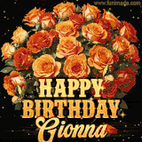 Animated bouquet of orange roses with moving butterfles and golden 'Happy Birthday Gionna' text, surrounded by sparkling accents and a dark backdrop for a luxurious feel.