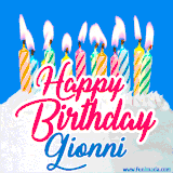 A cheerful animated GIF featuring colorful lit birthday candles on a white cake, with the text 'Happy Birthday Gionni' in bold red and blue script on a bright blue background.
