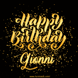 Animated GIF with colorful, festive 'Happy Birthday Gionni' text decorated with patterns, a party hat, and falling confetti. A vibrant and cheerful design for birthday celebrations.