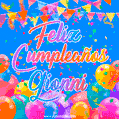 A vibrant animated GIF with 'Feliz Cumpleaños Gionni' written in colorful script, surrounded by balloons, confetti, and bunting on a bright blue background.
