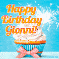A cheerful animated GIF of a cupcake with creamy frosting, a red checkered ribbon, and a bright sparkler on top. The text 'Happy Birthday Gionni!' is displayed in vibrant orange and red.