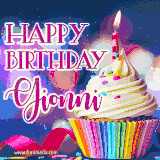 A festive animated GIF featuring a colorful cupcake with a single lit candle, sprinkles, and 'Happy Birthday Gionni' text against a sparkling, celebratory background.
