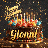 Shimmering birthday animation for Gionni featuring a detailed chocolate drip cake and golden star particles.