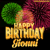 A captivating GIF with bursts of green, pink, and orange fireworks lighting up the night sky, accompanied by 'Happy Birthday Gionni' in glowing golden text.
