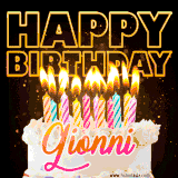 A vibrant animated GIF featuring a delicious birthday cake topped with glowing candles and the name 'Gionni' in elegant script, and the words 'Happy Birthday' on the black background.